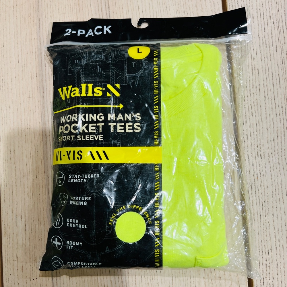 NEW Walls Short Sleeve Working Men's Pocket Tees 2 Pack Hi-Vis Yellow workwear L